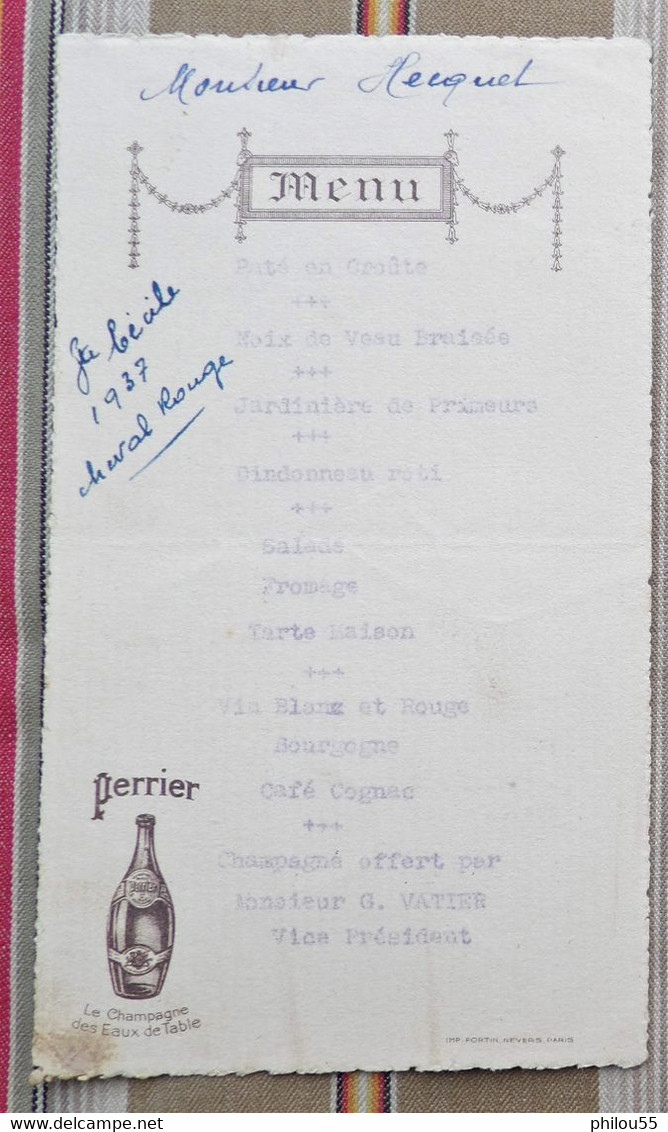 51 SAINTE MENEHOULD MENU 1937 Sainte Cecile  Hotel CHEVAL ROUGE G. VATIER Pub Perrier - Menus