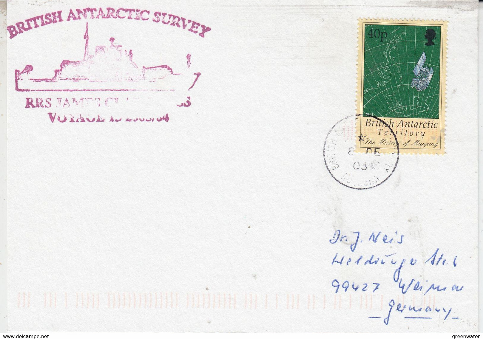 British Antarctic Territory (BAT)  Card Ca  RRS James Clark Ross Ca Rothera DE 2003 (AT232) - Lettres & Documents