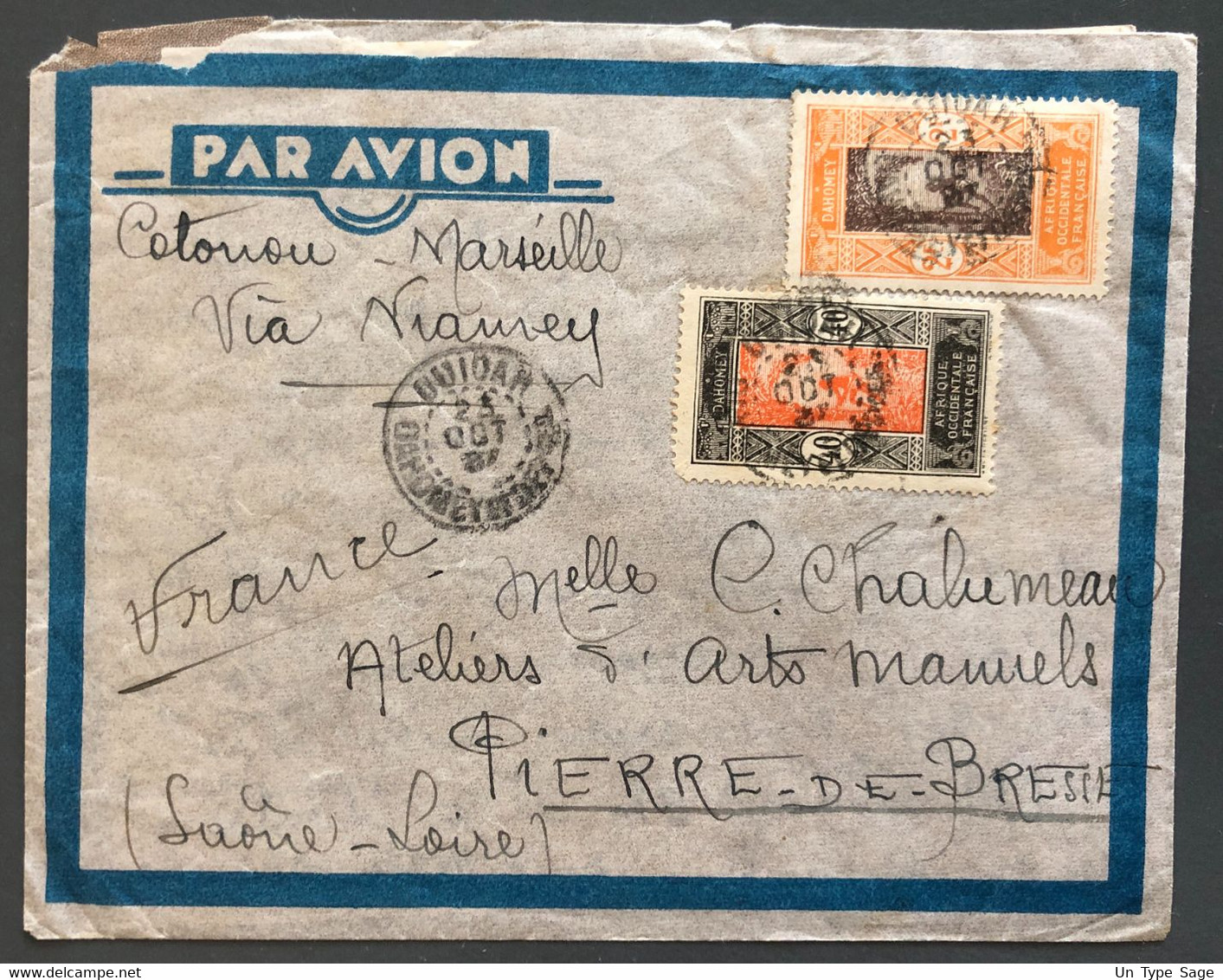 Dahomey N°53, 58 Et 63 (au Verso) Sur Enveloppe TAD OUIDAH 23.10.1937 - (C1417) - Briefe U. Dokumente