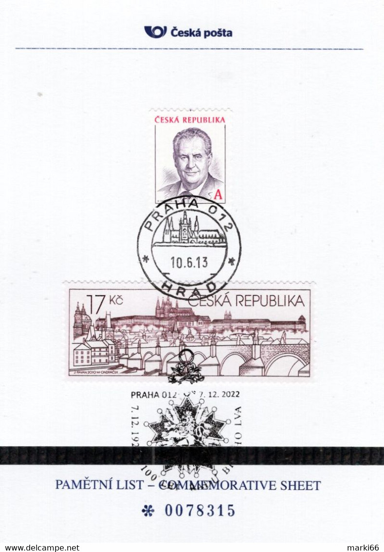 Czech Republic - 2022 - Prague Castle - President Zeman - Centenary Of White Lion Award - Commemorative Sheet - Brieven En Documenten