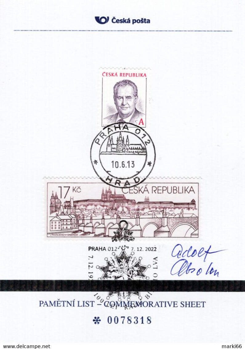 Czech Republic - 2022 - Prague Castle - President Zeman - Centenary Of White Lion Award - SIGNED Commemorative Sheet - Lettres & Documents