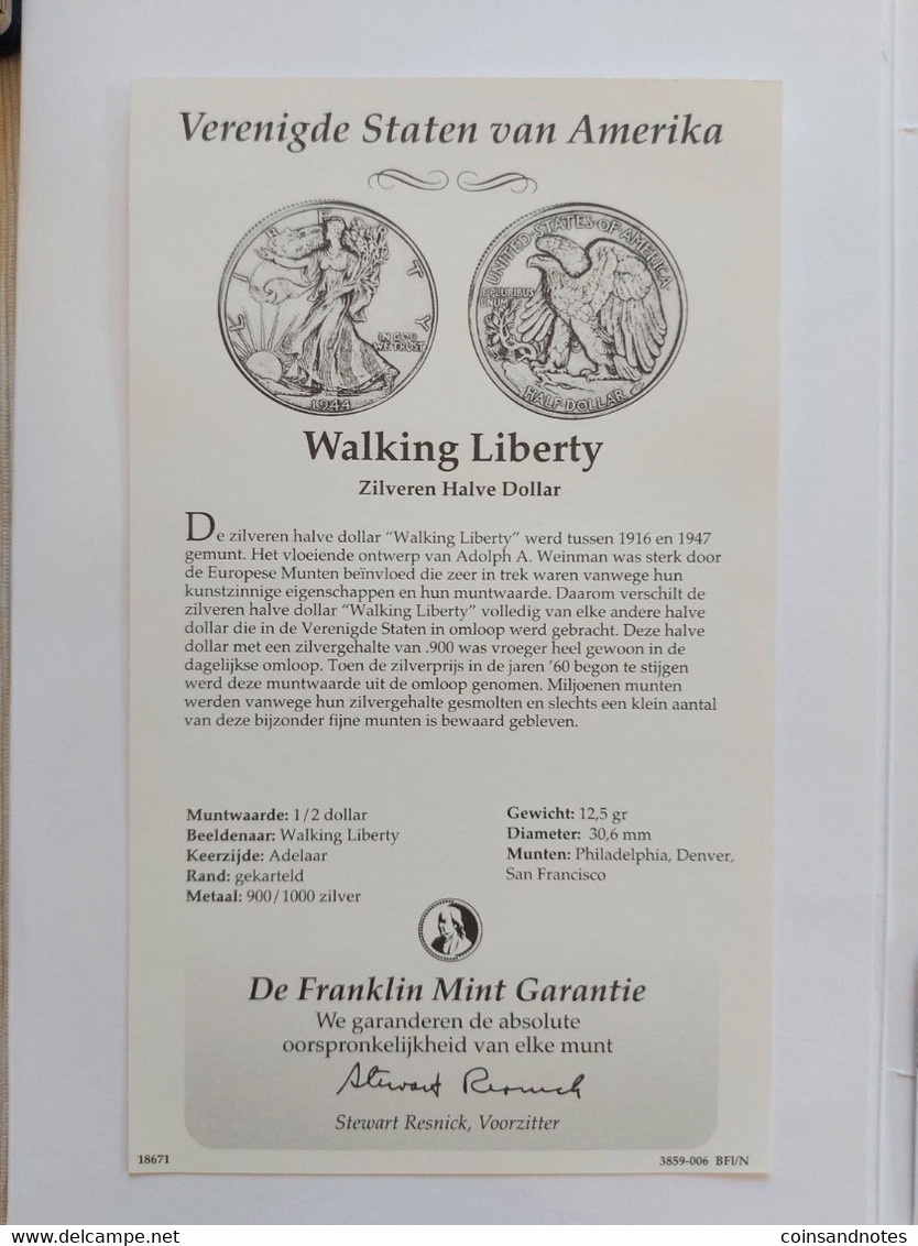 USA 1944 - ½ Silver Dollar - ‘Walking Liberty’ - COA Franklin Mint Brussels - 1916-1947: Liberty Walking