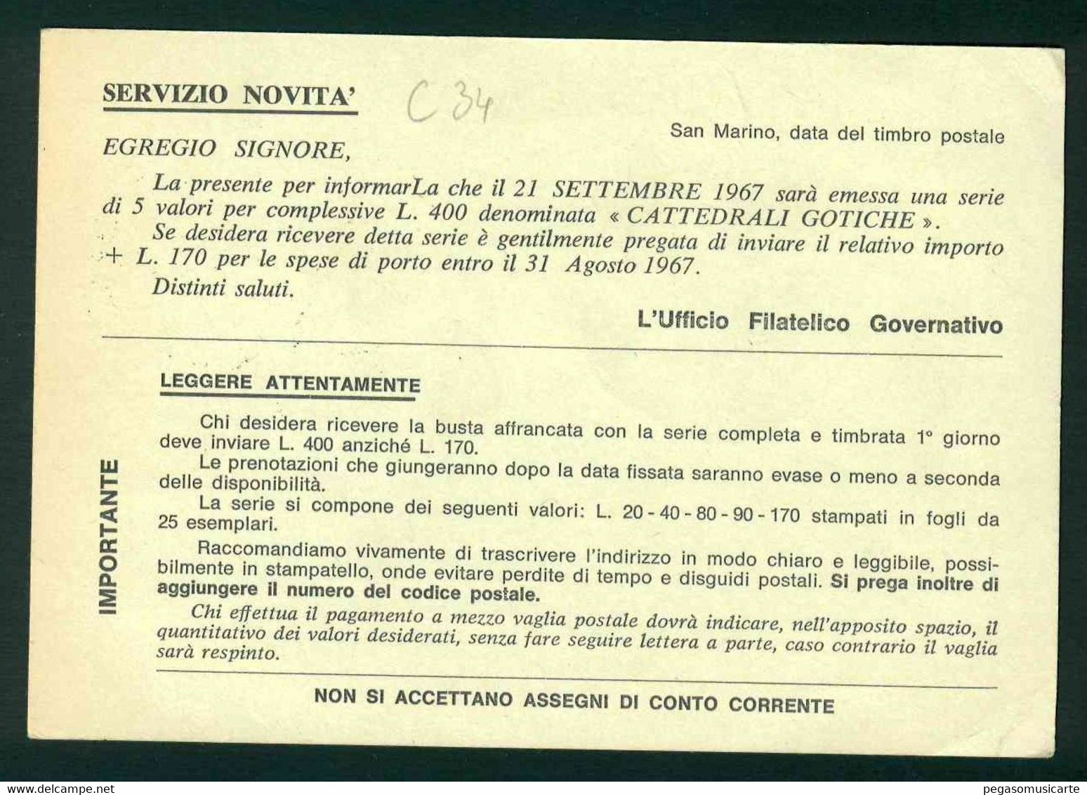 CLG400 - CARTOLINA POSTALE STORIA POSTALE 1967 LIRE 30 UFFICIO FILATELICO GOVERNATIVO - Lettres & Documents
