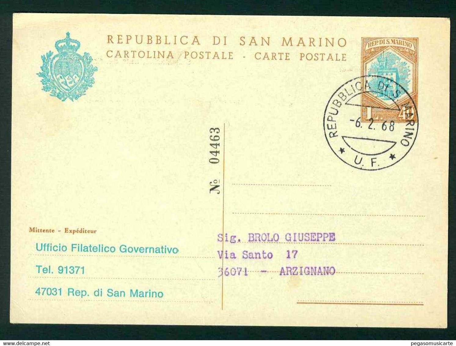 CLG402 - CARTOLINA POSTALE STORIA POSTALE 1968 LIRE 40 UFFICIO FILATELICO GOVERNATIVO - Lettres & Documents