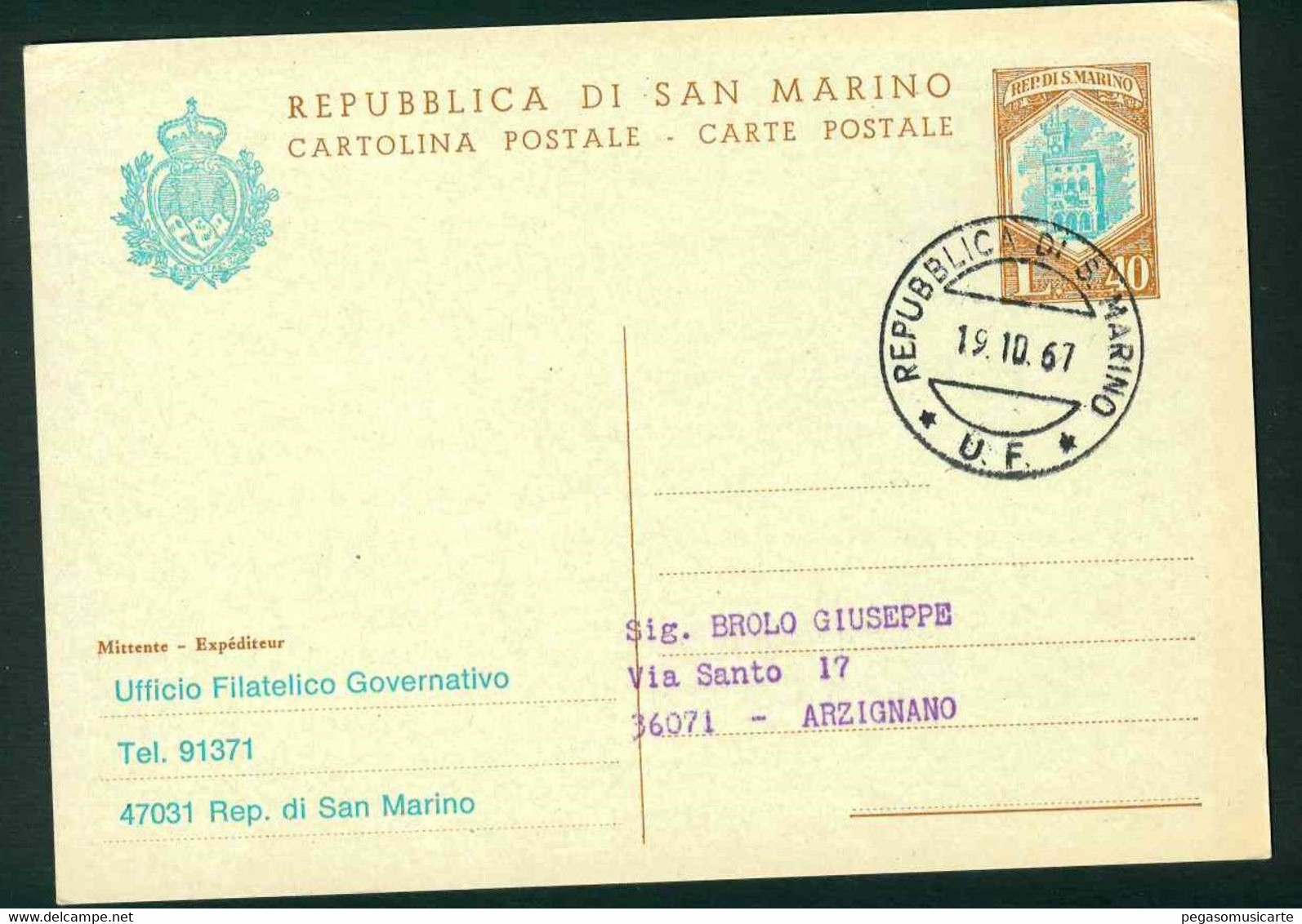 CLG403 - CARTOLINA POSTALE STORIA POSTALE 1967 LIRE 40 UFFICIO FILATELICO GOVERNATIVO - Lettres & Documents