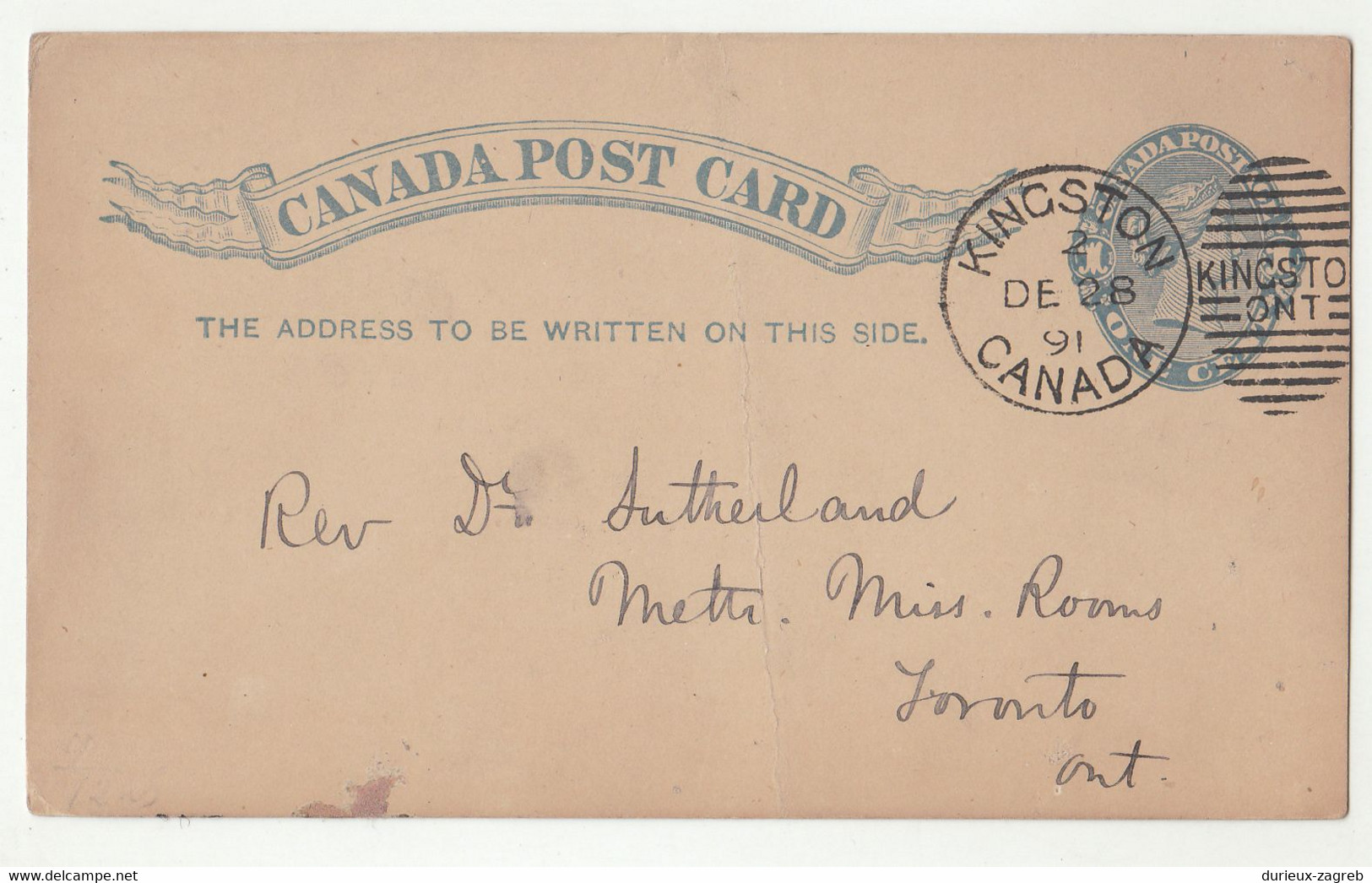 Canada QV Postal Stationery Postcard Posted 1891 Kingston B221210 - 1860-1899 Reinado De Victoria