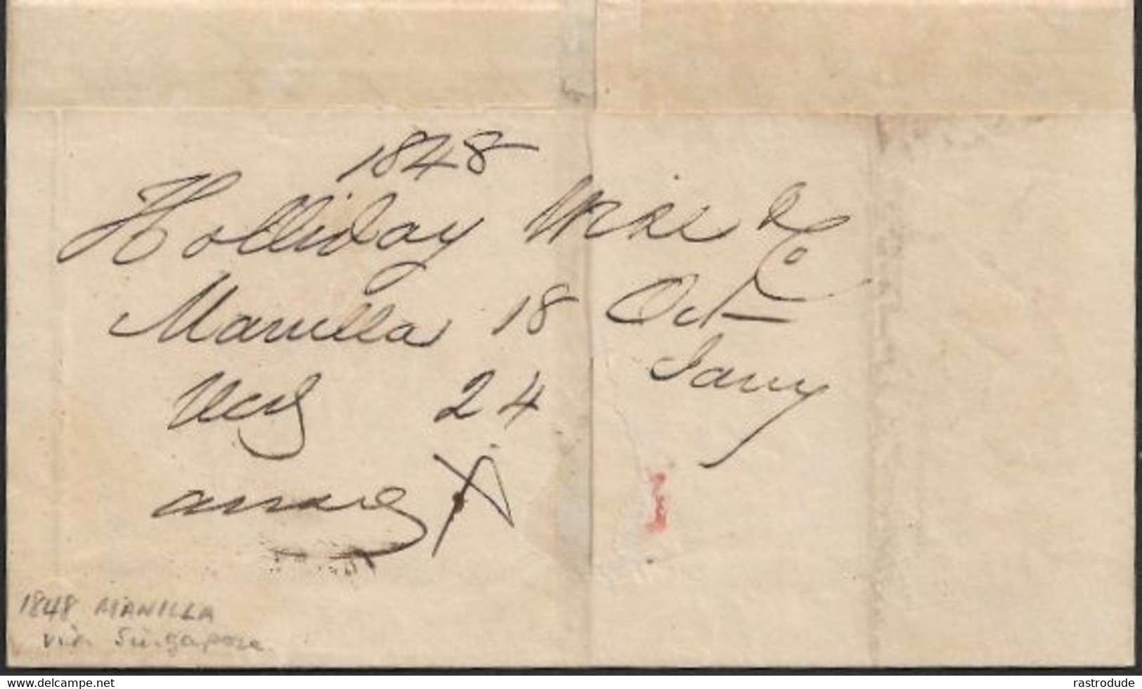 1848,(18.10) STRAITS SETTLEMENTS COVER FROM MANILA, PHILIPPINES TO LONDON - VERY RARE TRANSIT THROUGH SINGAPORE - Straits Settlements