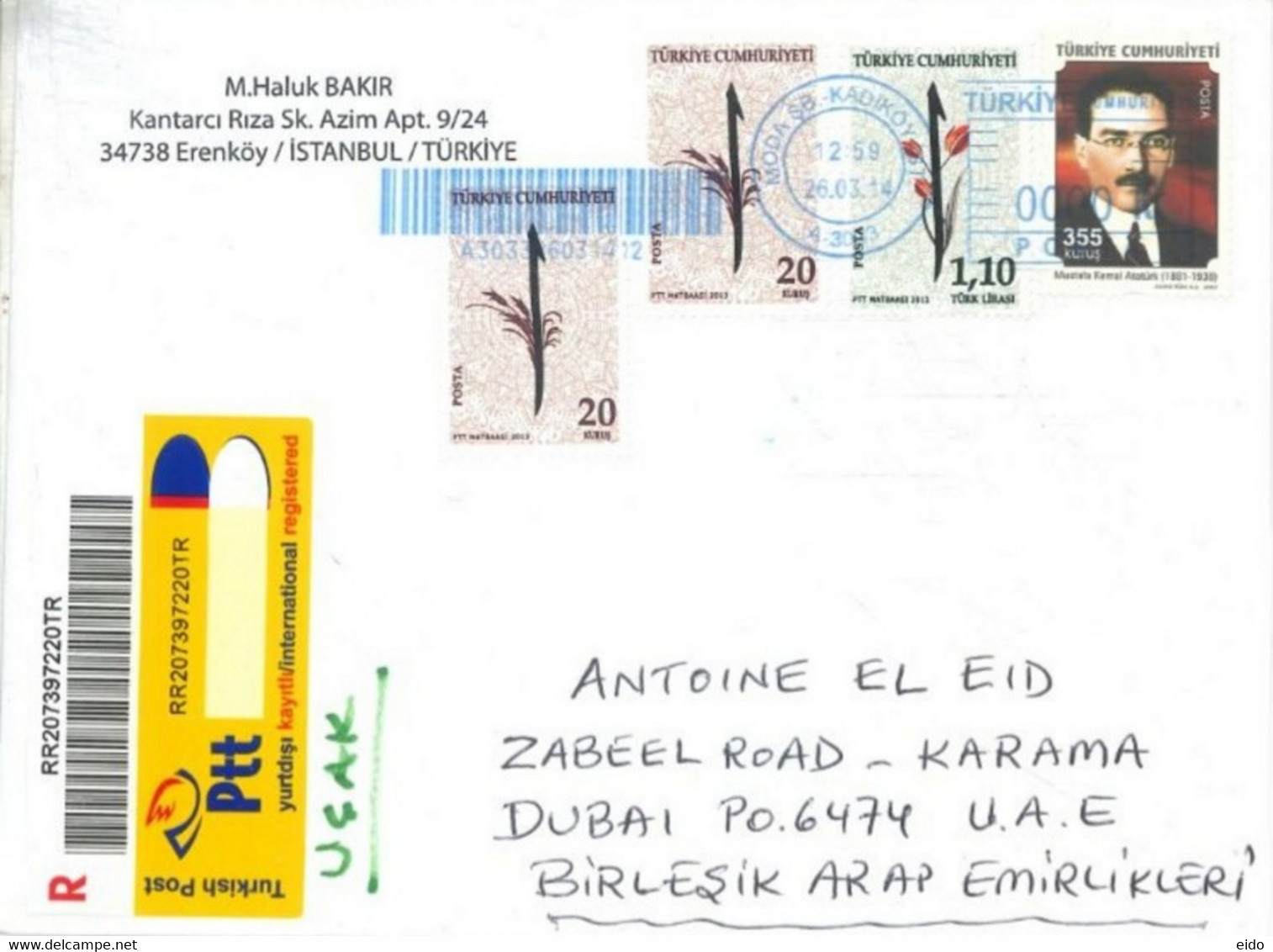 TURKEY - 2014 - REGISTERED  STAMPS  COVER TO DUBAI. - Brieven En Documenten