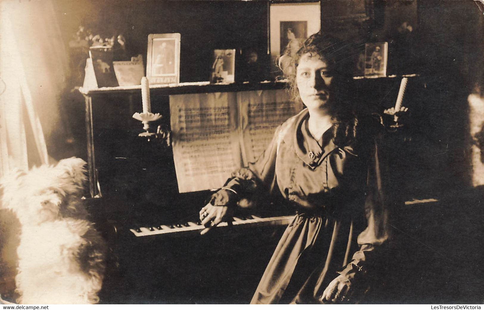 CPA Photographie - Femme Devant Un Piano Avec Des Chandelles - Chien - Photographie