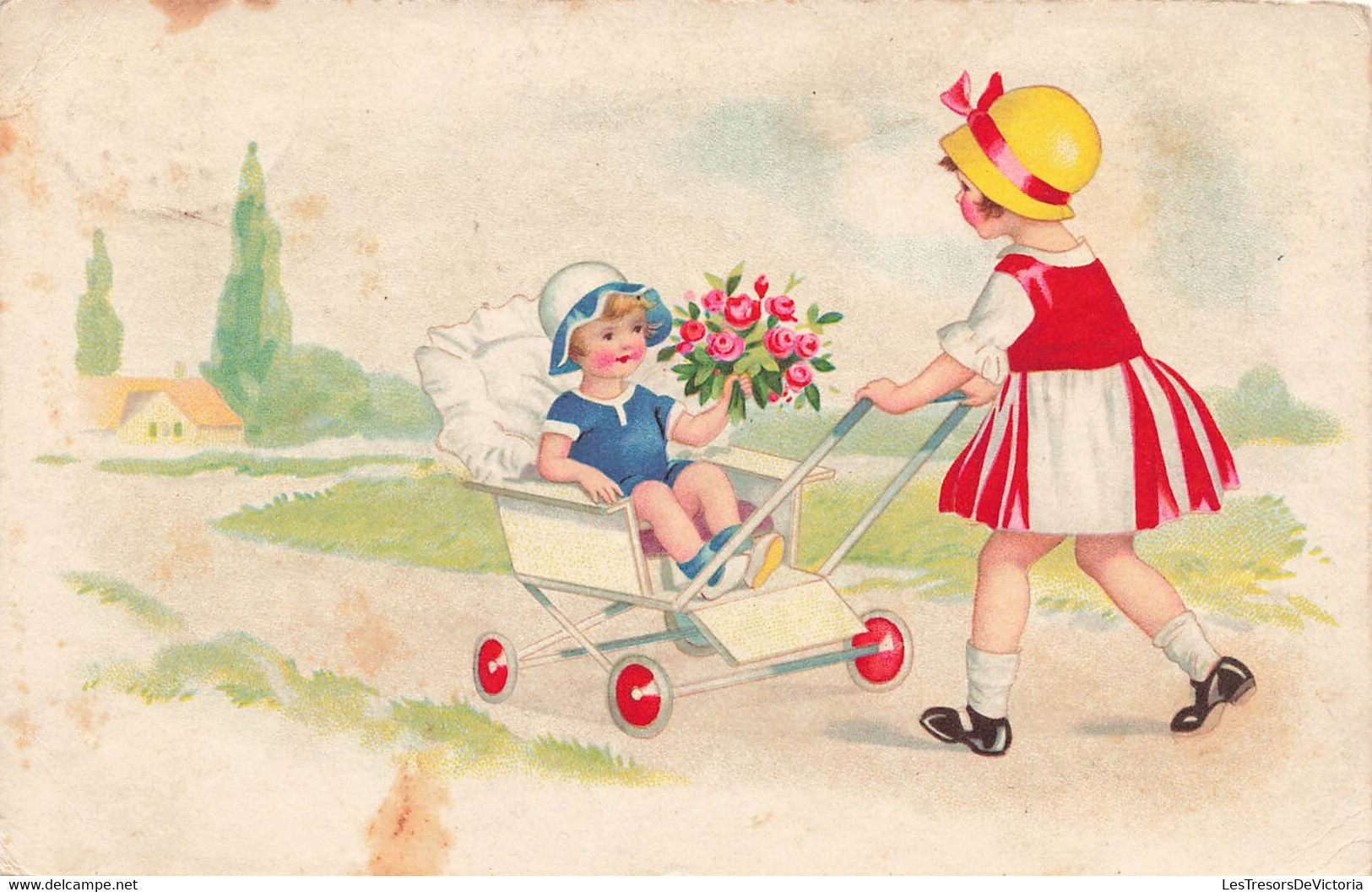 CPA Illustrateur - Enfant Dans Une Poussette  - Petites Filles - Bouquet De Fleurs - Ohne Zuordnung