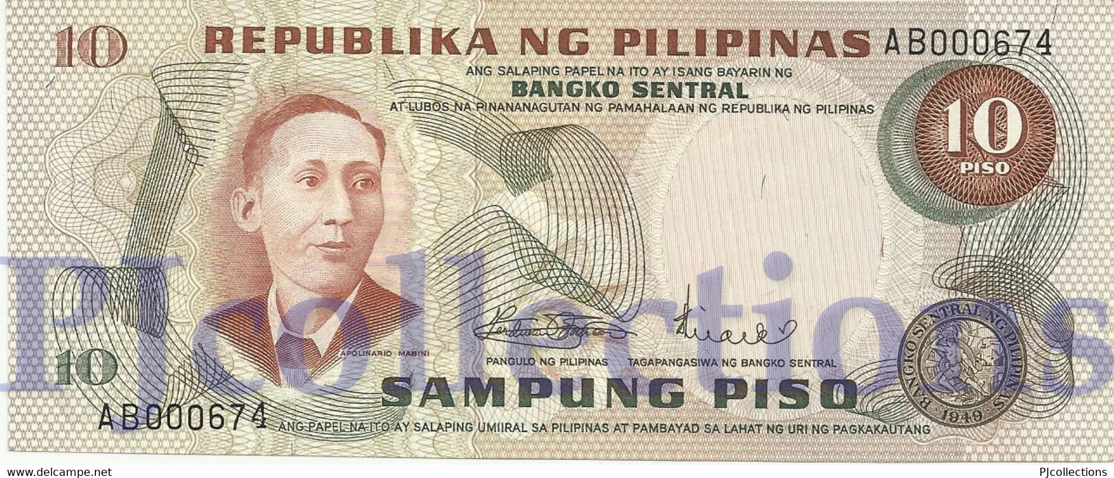PHILIPPINES 10 PISO 1970 PICK 149a UNC LOW SERIAL NUMBER "AB000***" - Philippines