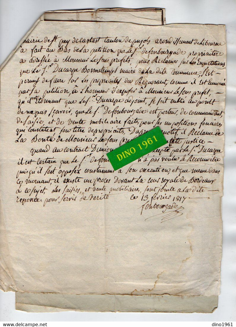 VP21.192 - SAINT PEY DE CASTETS 1817 - Plan & Lettre De Mr J.P COURNAUD De FONTBOURGADE à Mr Le Sous Préfet De LIBOURNE - Manuscrits