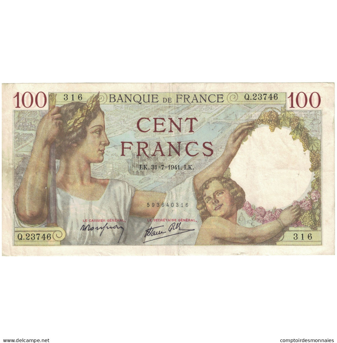 France, 100 Francs, Sully, 1941, Q.23746 316, TTB, Fayette:26.56, KM:94 - 100 F 1939-1942 ''Sully''