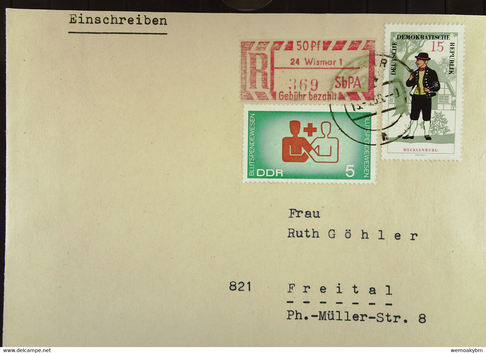 DDR: R-Fern-Brf Mit Selbstbed.-R-Zettel 50 Pf 24 Wismar1 (369) -mit Einliefgschein 13.4.69 Mit 25 Pf Trachten Mecklb MiF - Etiquetas De Certificado