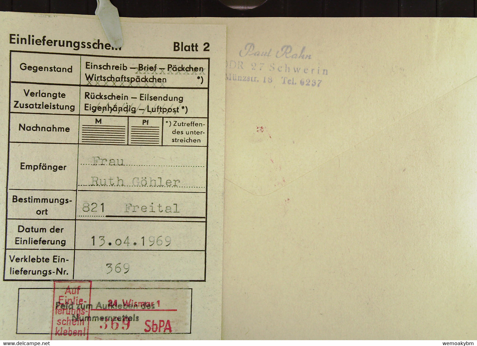 DDR: R-Fern-Brf Mit Selbstbed.-R-Zettel 50 Pf 24 Wismar1 (369) -mit Einliefgschein 13.4.69 Mit 25 Pf Trachten Mecklb MiF - Etiquettes De Recommandé