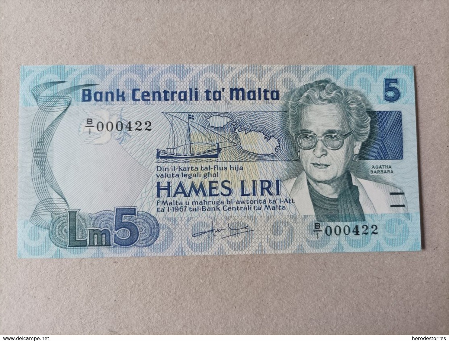 Billete De Malta De 5 Liri, Año 1986, Nº Bajisimo 000422, UNC - Malta