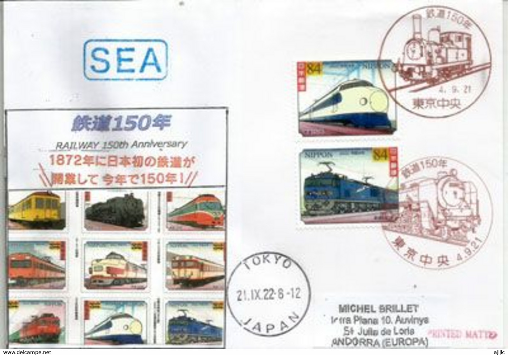 2022.  150th Anniversary Of The Japanese Railway (1872-1922) Nice Cover First Day Tokyo, Sent To Andorra (Principat) - Briefe U. Dokumente