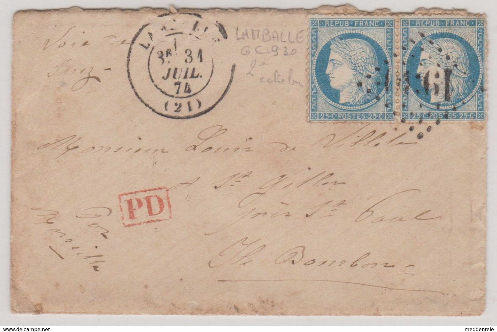 Lettre De LAMBALLE (GC 1930) 31/07/1874 Vers St-GILLES Près St-PAUL (Ile BOURBON) Marseilles/Voie De Suez Pr25cts N°60 - Lettres & Documents
