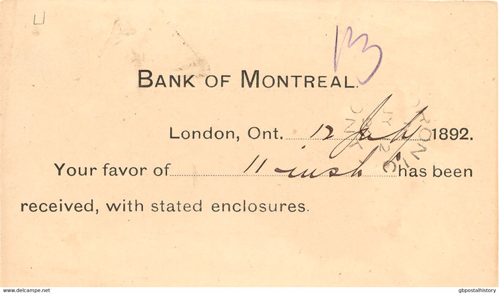 CANADA 1892, QV 1 C. Blue Superb Printed To Order Postal Stationery Postcard Of The Bank Of Montreal With Beautiful Dumb - Brieven En Documenten