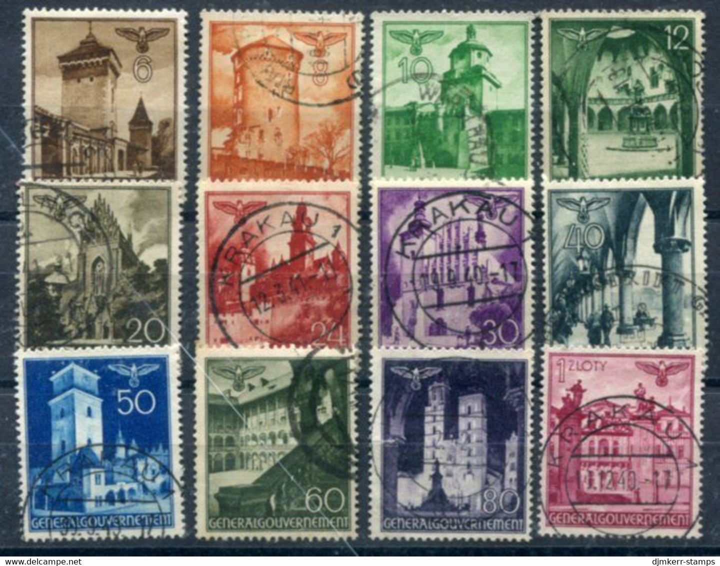 GENERAL GOVERNMENT 1940 Buildings Definitive Set Of 12 Used.  Michel 40-51 - Occupation 1938-45