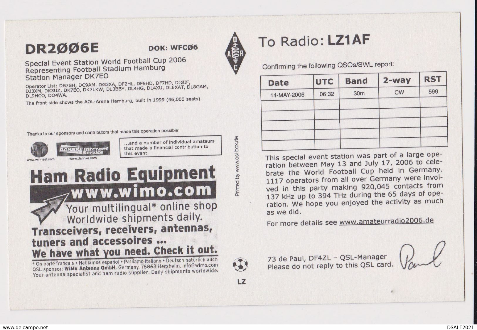 AOL Arena Stadium Hamburg, Germany 2006 FIFA World Cup HAM Radio QSL Card DR2006E To Bulgaria (48307) - Radio Amateur