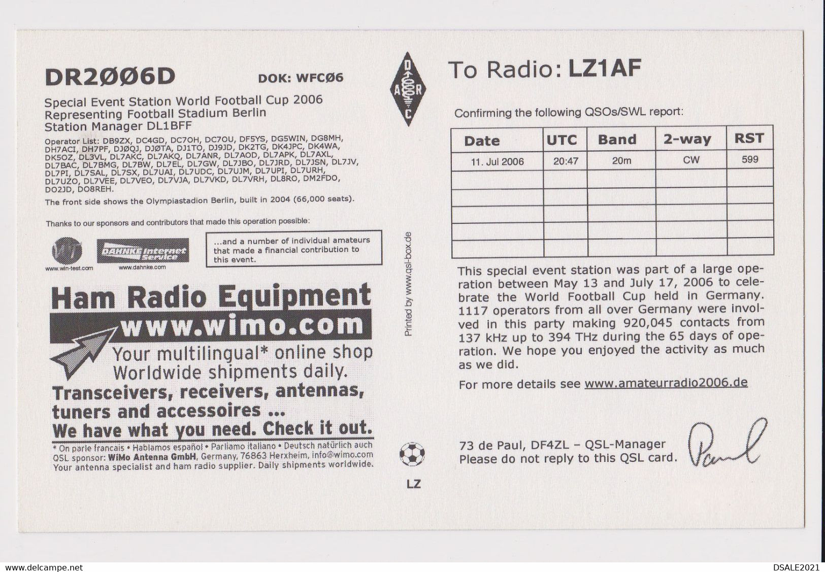 Olympiastadion Berlin Stadium, Germany 2006 FIFA World Cup HAM Radio QSL Card DR2006D To Bulgaria (48306) - Radio Amateur