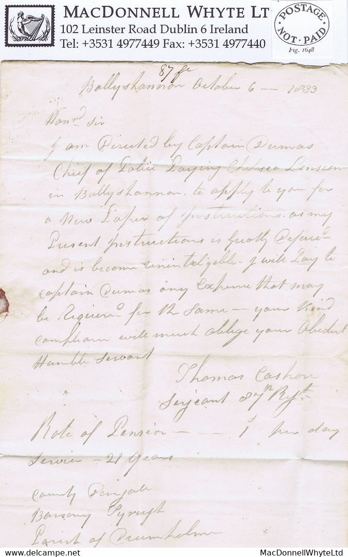 Ireland Donegal Military Dublin 1833 Letter From Sgt Cashon BALLYSHANNON/101 To Dublin, Oval POSTAGE *NOT*PAID* - Préphilatélie