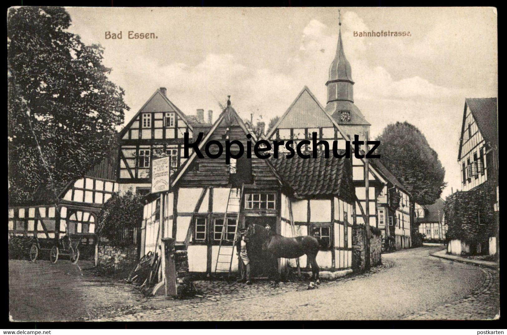 ALTE POSTKARTE BAD ESSEN BAHNHOFSTRASSE PFERD HOLZSCHUHE HEUBODEN SCHILD CONDITOREI A. HÖGER Cpa Postcard Ansichtskarte - Bad Essen