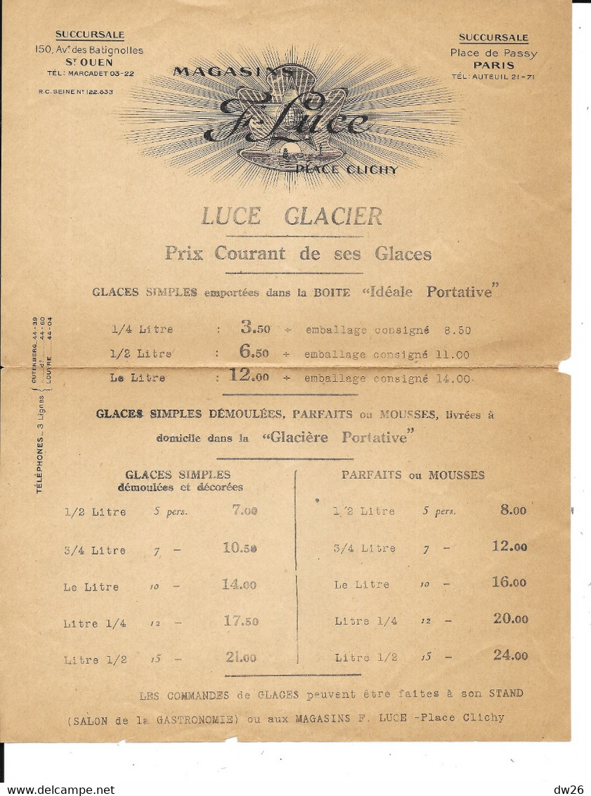 Dépliant Publicitaire Magasin F. Luce, Glacier, Place Clichy, Paris - Catalogue Glaces Et Glacières - Autres & Non Classés