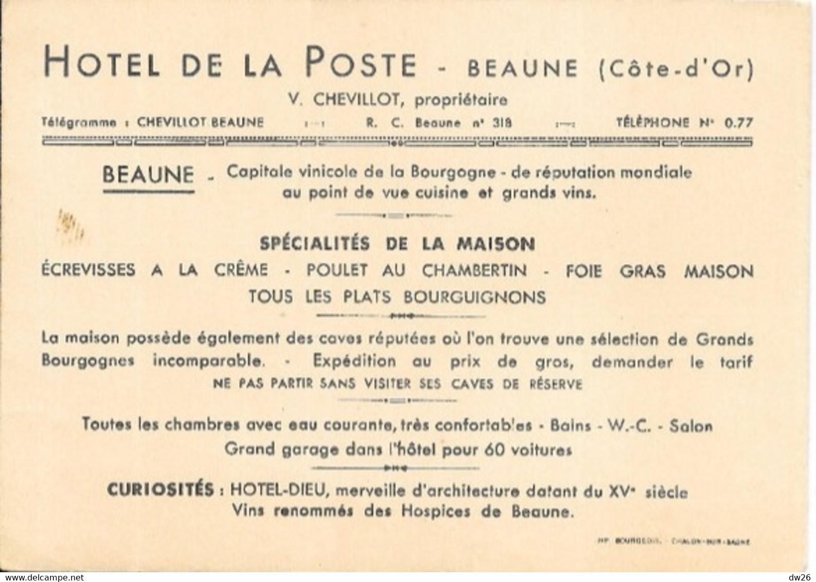 Dépliant Publicitaire Hôtel De La Poste à Beaune (Côte D'Or) V. Chevillot, Propriétaire - Photos Et Plan - Reclame