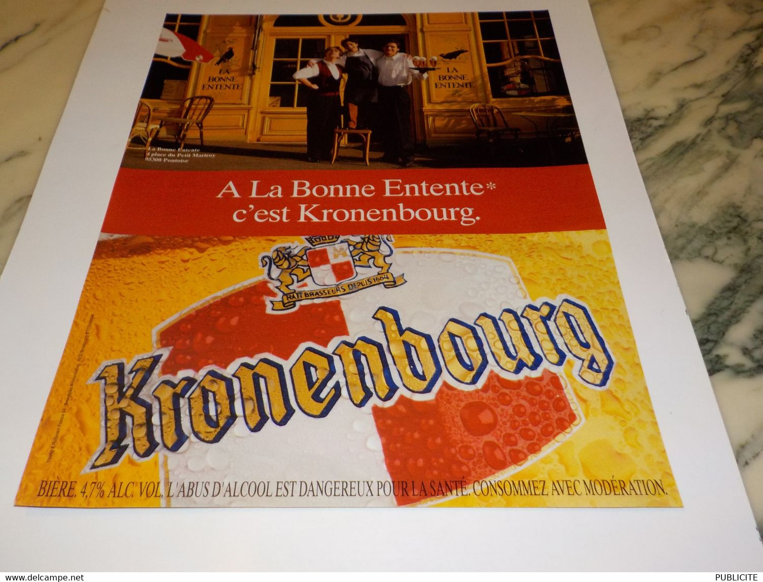 ANCIENNE PUBLICITE A LA BONNE ENTENTE A PONTOISE  BIERE KRONENBOURG 1995 - Alcools
