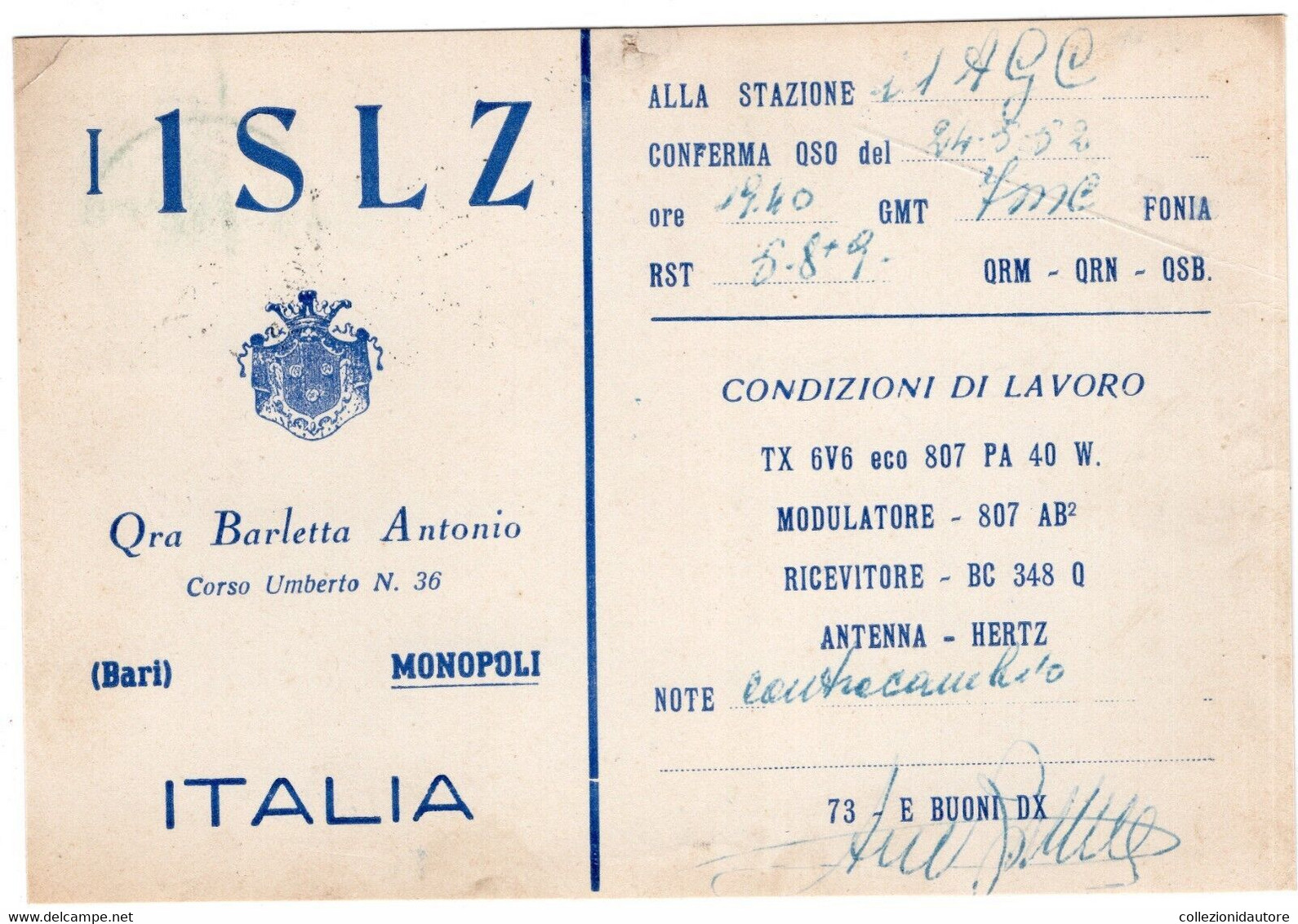 CB - MONOPOLI - BARI - I 1 S L Z  - ITALY - PUGLIA - CARTOLINA QSL FG SPEDITA NEL 1952 MONOPOLI-CESENA - CB