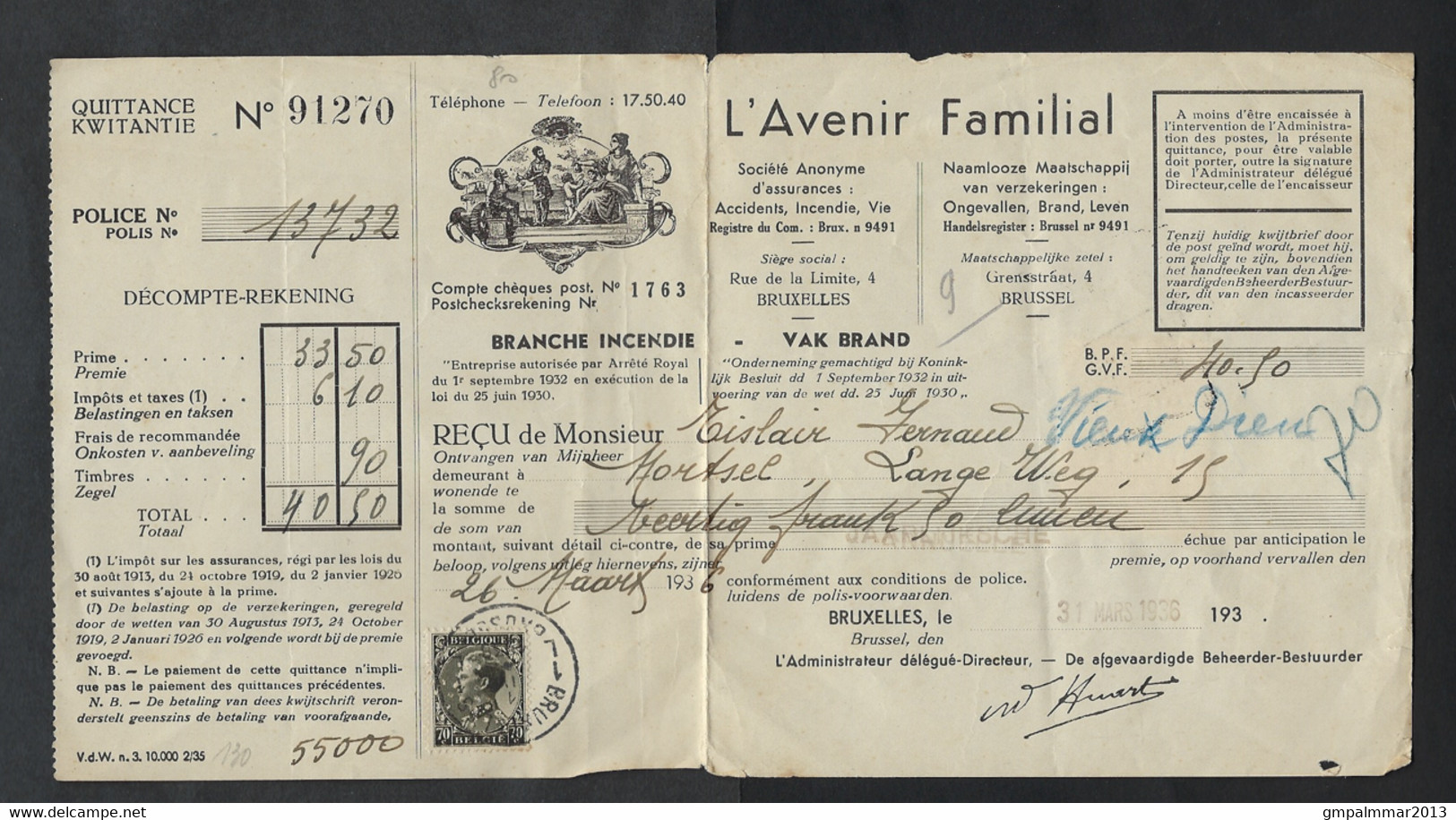 PERFIN / PERFO OCB Nr. 401 + Fiscale Zegel Op RECU Perfin Perfo " A.F. " Avenir Familial , Zie 2 Scans ! LOT 180 - 1934-51