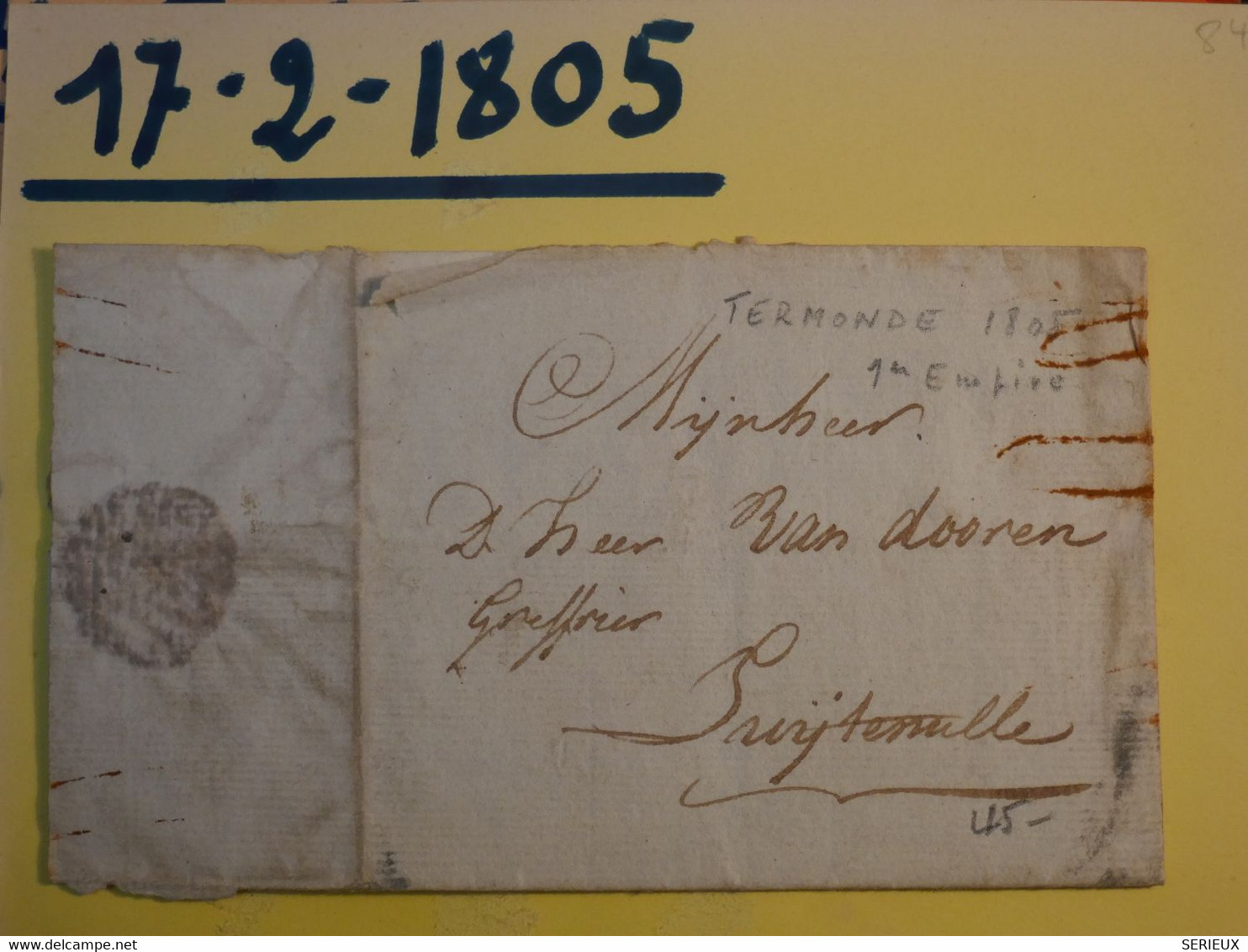 BI 16 BELGIQUE BELLE  LETTRE  RRR 1805 TERMONDE 1ER EMPIRE  +AFFRANCH. INTERESSANT  + - 1794-1814 (Période Française)