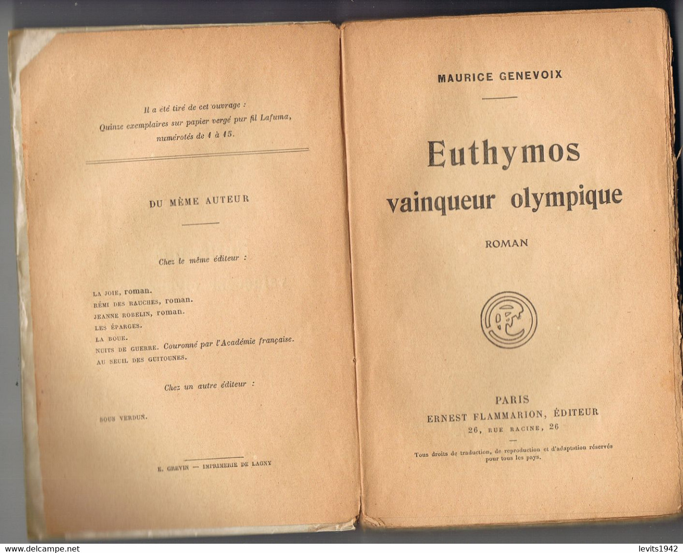 LIVRE - EUTHYMOS VAINQUEUR OLYMPIQUE - 1924 - MAURICE GENEVOIX - - Libri