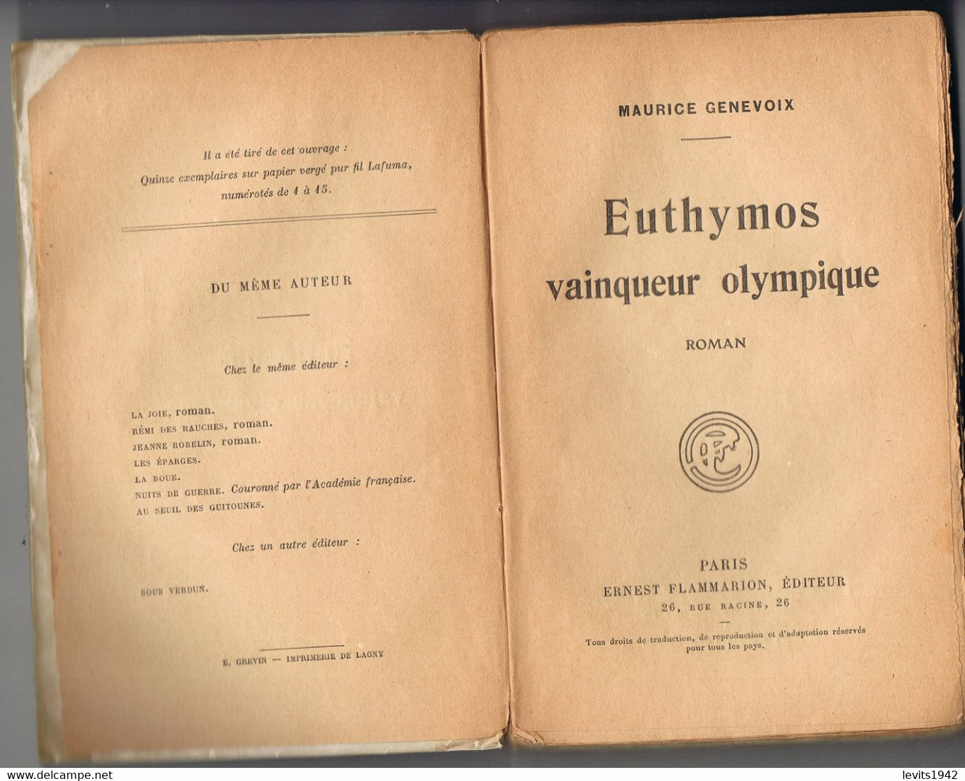 LIVRE - EUTHYMOS VAINQUEUR OLYMPIQUE - 1924 - MAURICE GENEVOIX - - Bücher