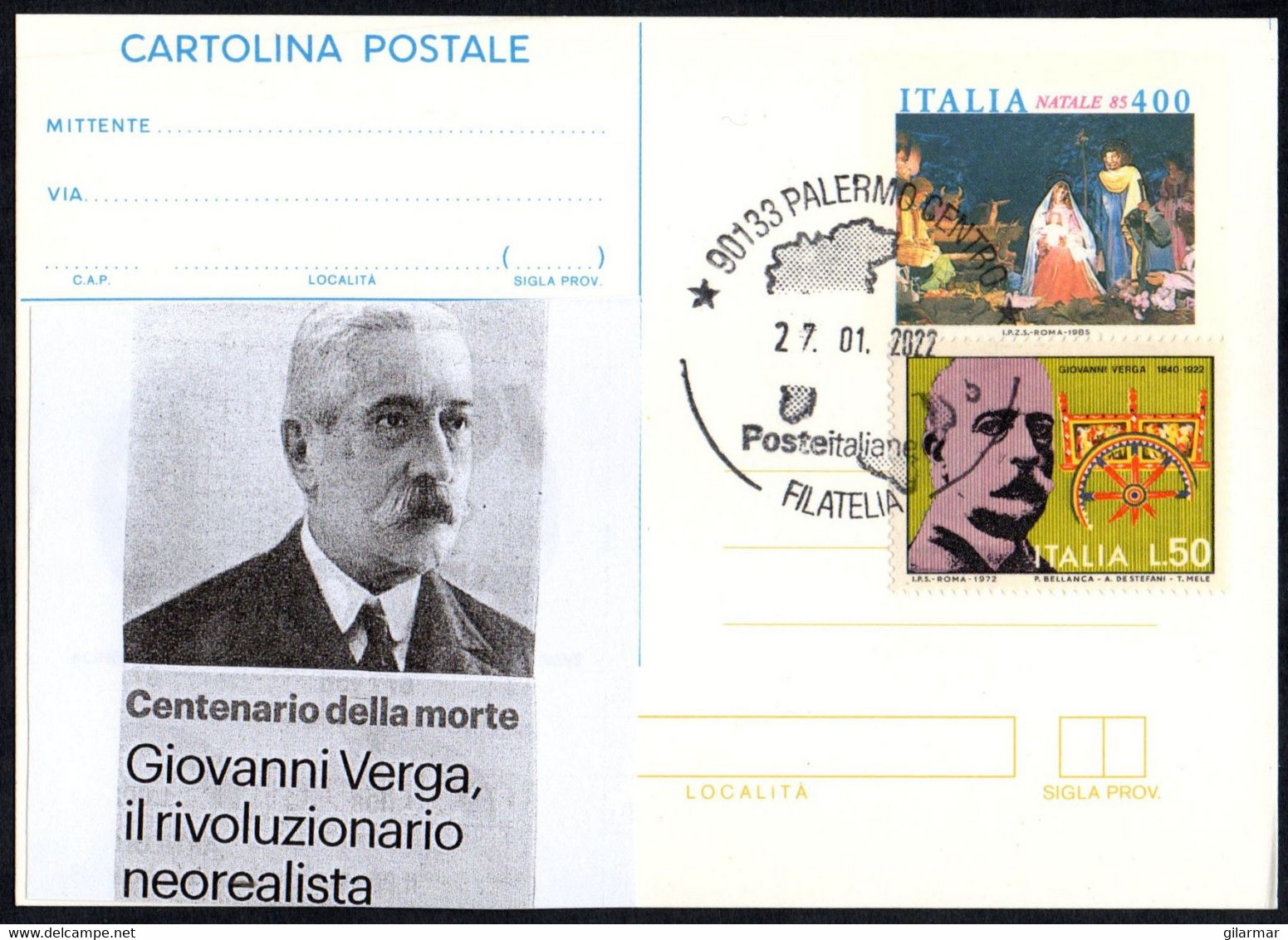 ITALIA PALERMO 27.01.2022 - CENTENARIO DELLA MORTE DI GIOVANNI VERGA - POSTAL STATIONERY - Ecrivains