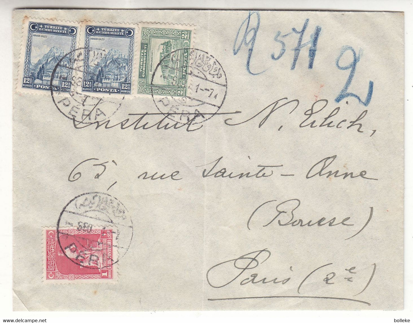 Turquie - Lettre Recom De 1938 ? - Oblit Pera - Exp Vers Paris - Covers & Documents