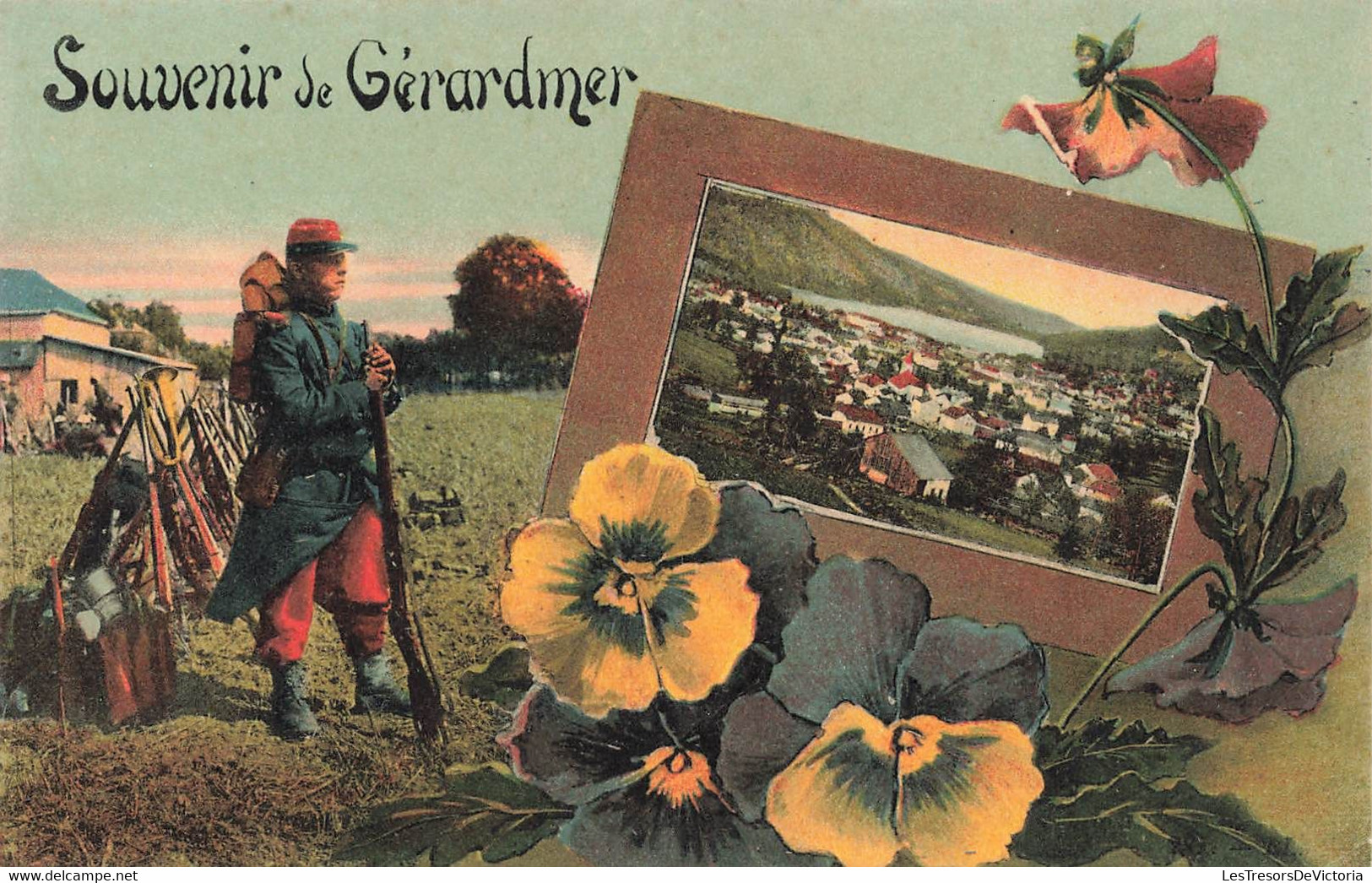 CPA Souvenir De Gerardmer - Soldat Avec Fusil Et Vue - Gruss Aus.../ Grüsse Aus...