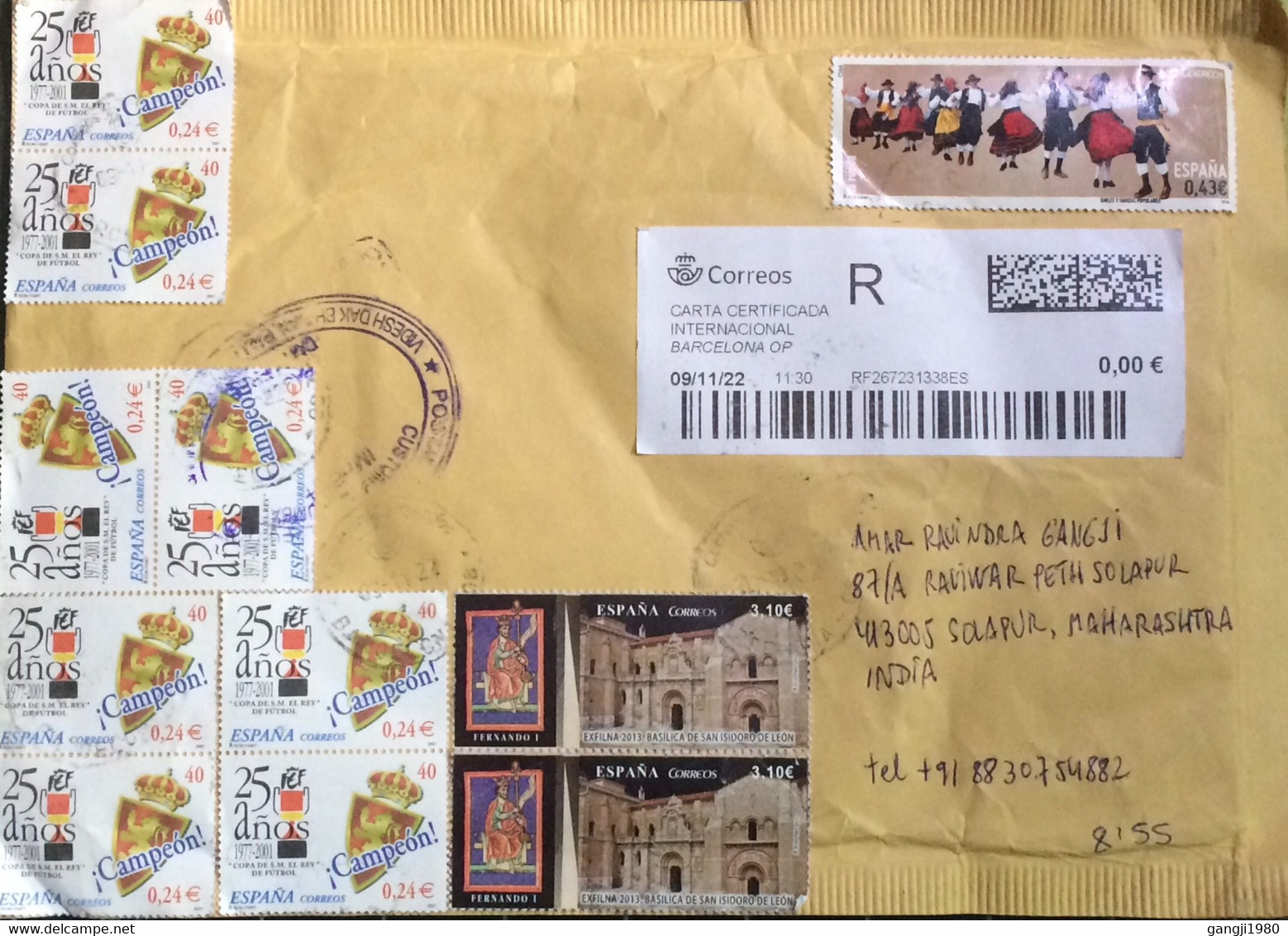 SPAIN 2022, COVER USED TO INDIA, 2013 BASILICA CHURCH, 2001 FOOTBALL, 2009 COSTUME, DANCE, HERITAGE STAMPS USED - Storia Postale