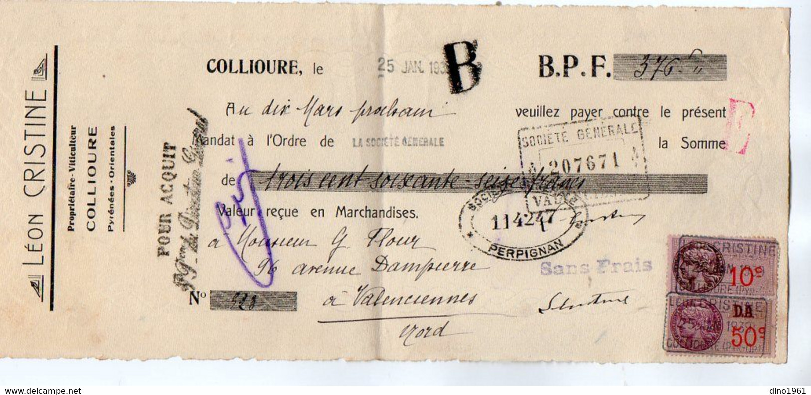 VP21.195 - 1939 - Lettre De Change - Léon CRISTINE Propriétaire - Viticulteur ( Ancien Maire De COLLIOURE ) - Bills Of Exchange