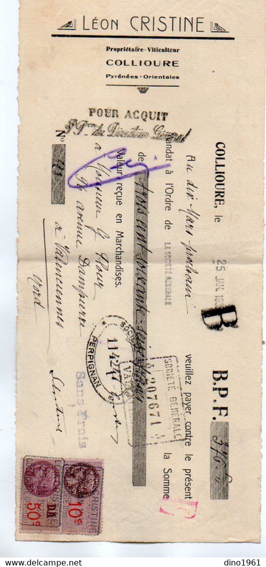 VP21.195 - 1939 - Lettre De Change - Léon CRISTINE Propriétaire - Viticulteur ( Ancien Maire De COLLIOURE ) - Bills Of Exchange