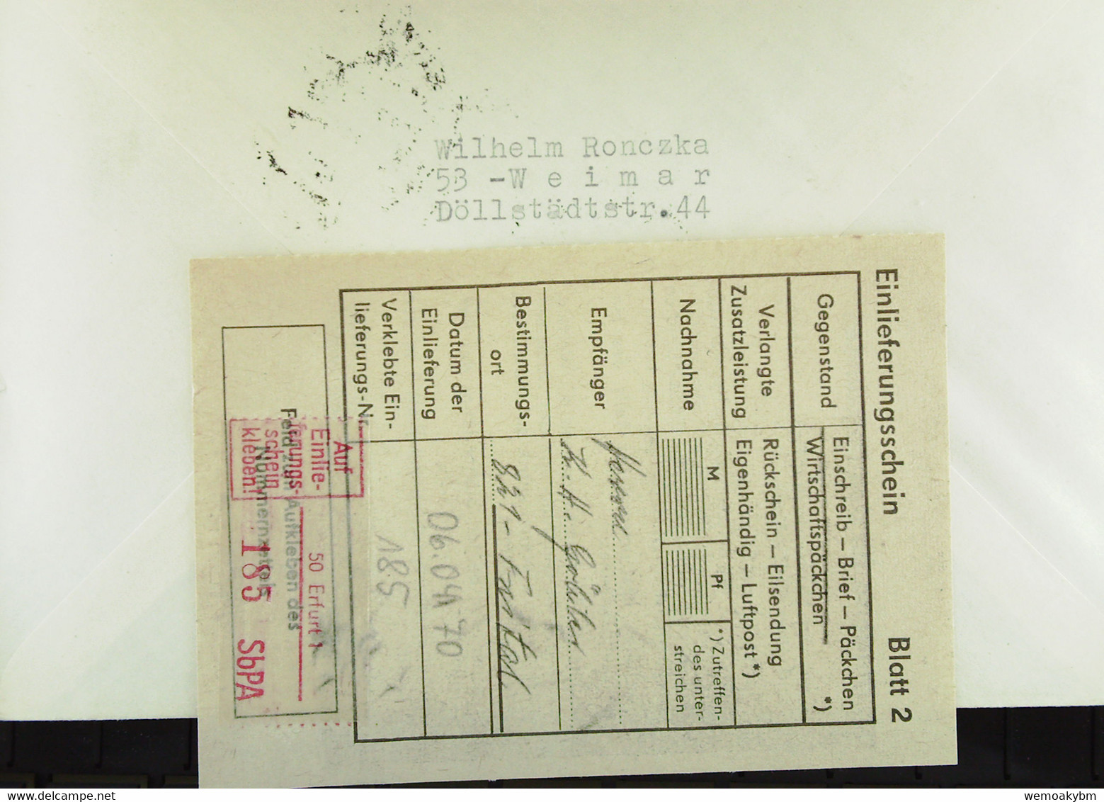 DDR: R-Fern-Brf Mit Selbstbed.-R-Zettel 50 Pf Aus 50 Erfurt 1 (185)-mit Einliefgsschein 6.4.70 Mit 20 Pf Fuchs SbPA II - R-Zettel