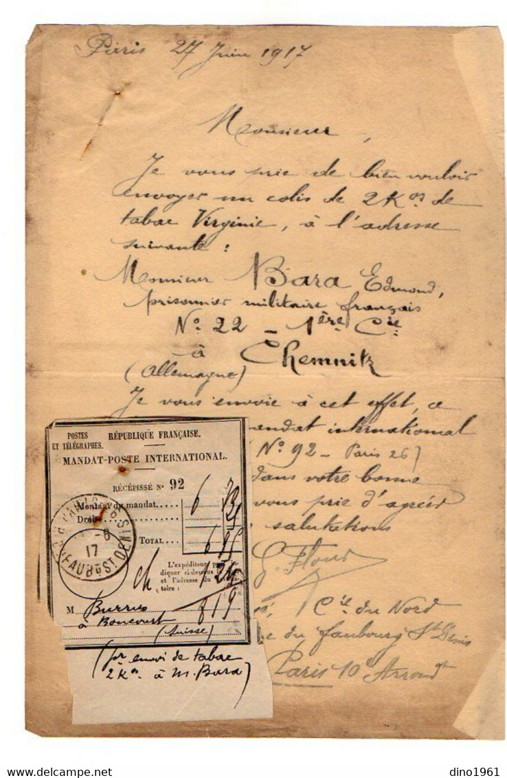 VP21.197 - PARIS 1917 - Lettre & Mandat Poste BURRUS à BONCOURT / Envoi 1 Colis De Tabac Au Prisonnier BARA à CHEMNITZ - Documenti