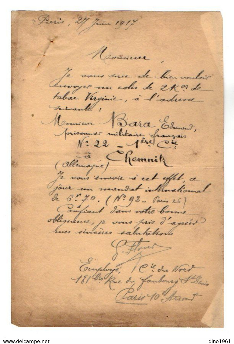 VP21.197 - PARIS 1917 - Lettre & Mandat Poste BURRUS à BONCOURT / Envoi 1 Colis De Tabac Au Prisonnier BARA à CHEMNITZ - Documenten