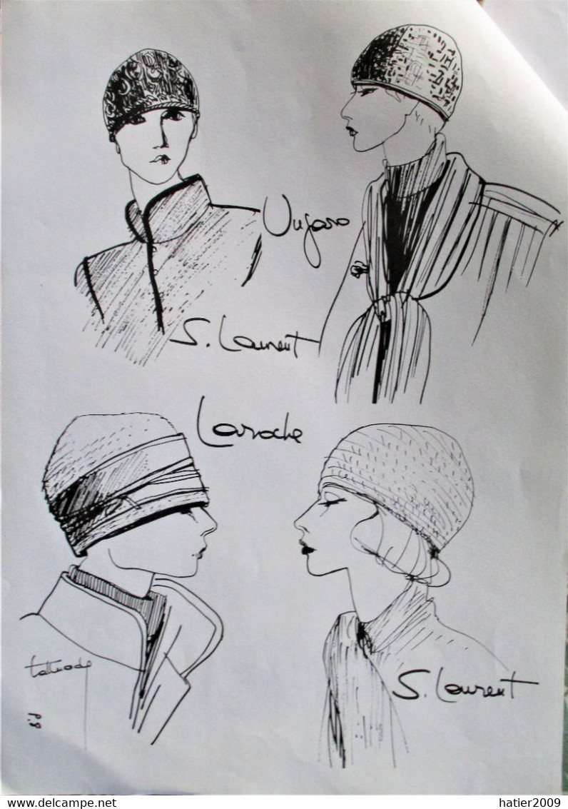 Dessins Croquis MODE Hiver 75 - Dossier Presse 8 feuillets signés - HAUTE Couture GIVENCHY SAINT LAURENT UNGARO