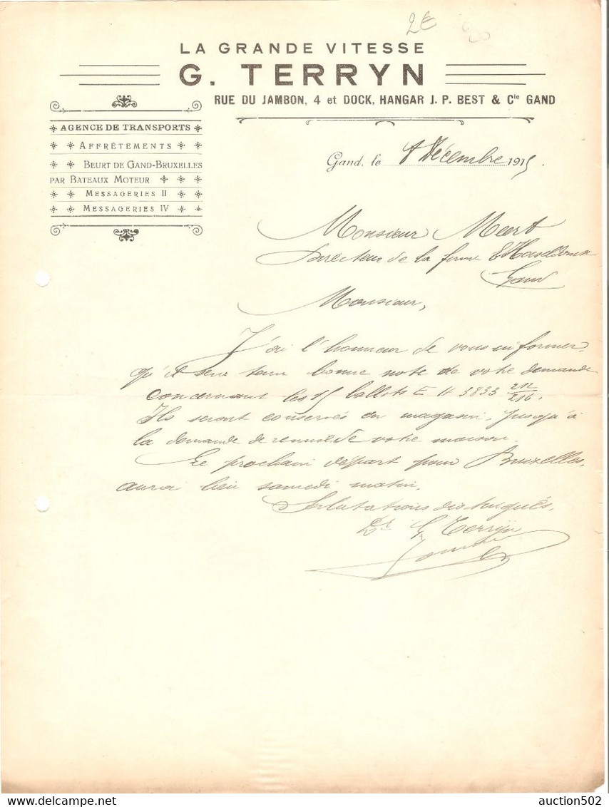 G3/ Document G.Terryn LA GRANDE VITESSE AGENCE DE TRANSPORT GAND 1915 - Verkehr & Transport