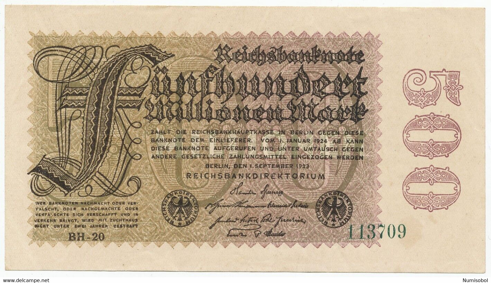 GERMANY, DEUTSCHLAND - 500 Millionen Mark 1923. P110 Ro109g AUNC-UNC (D342) - 500 Millionen Mark