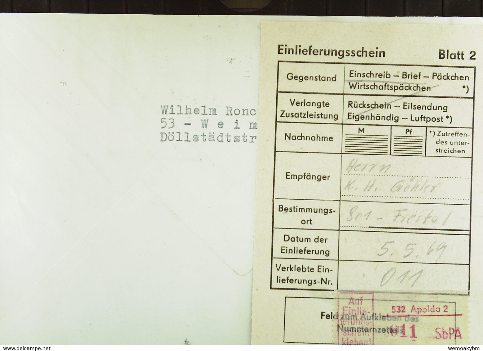 DDR: R-Fern-Brf Mit Selbstbed.-R-Zettel 50 Pf 532 Apolda2 (011)-mit Einliefgsschein 5.5.69 Mit 10 Pf Mähdrescher 512 MeF - R-Zettel