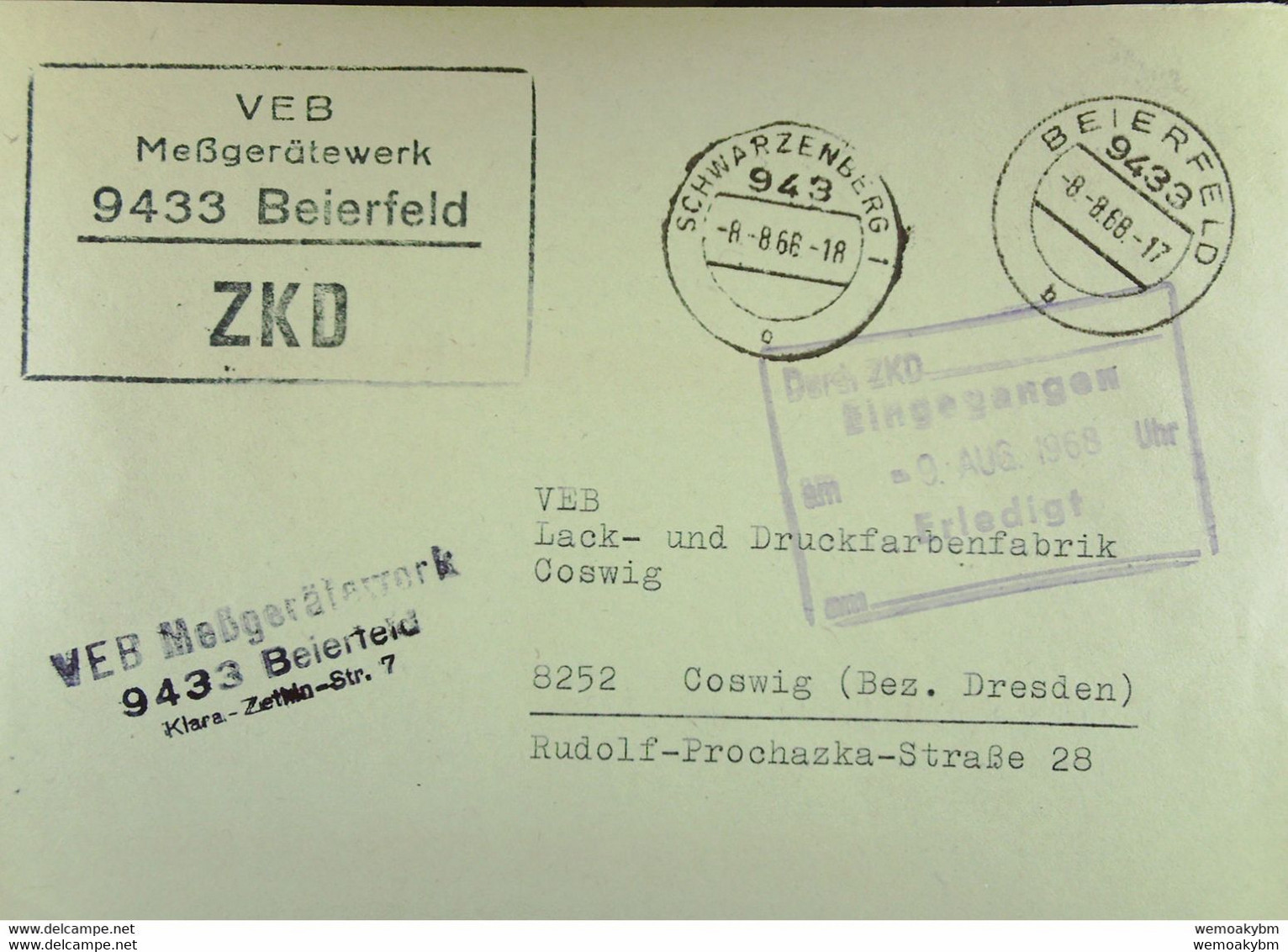 Fern-Brief Mit ZKD-Kastenstempel "VEB Meßgerätewerk 9433 Beierfeld" Vom 8.8.68 An Lack- Und Druckfarben Coswig - Central Mail Service